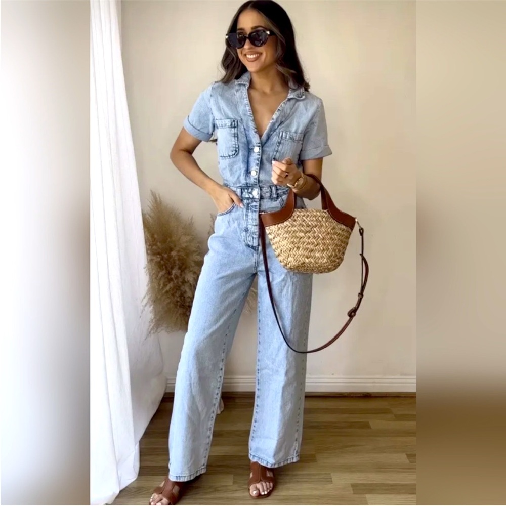 ZARA DENIM JUMPSUIT WITH SHORT SLEEVES
